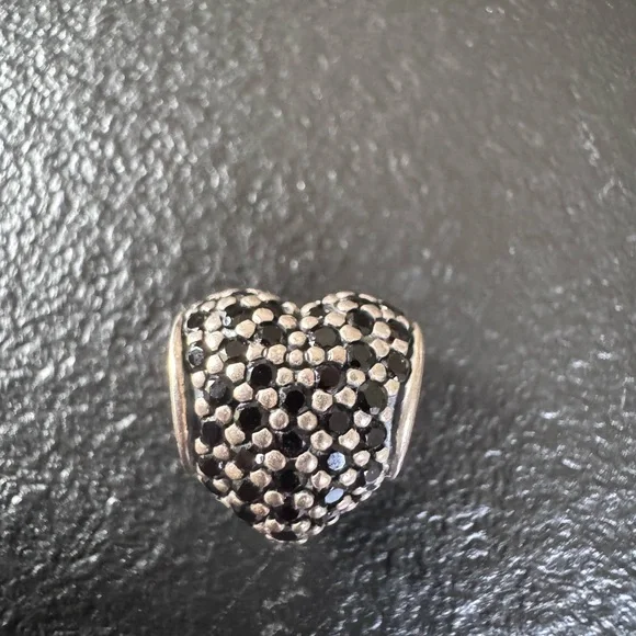 Pandora Sterling  Silver Heart Pave Heart Bead with Black CrystalsCharm - Picture 2 of 5